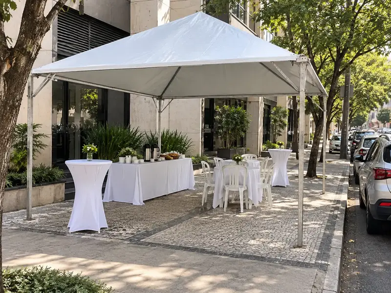 Tenda piramidal montada para evento corporativo em calçada