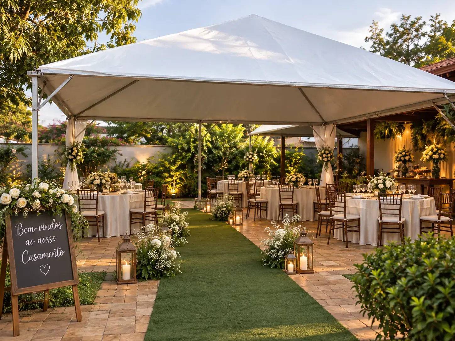 Tenda branca da Circo & Festa montada para casamento ao ar livre em BH